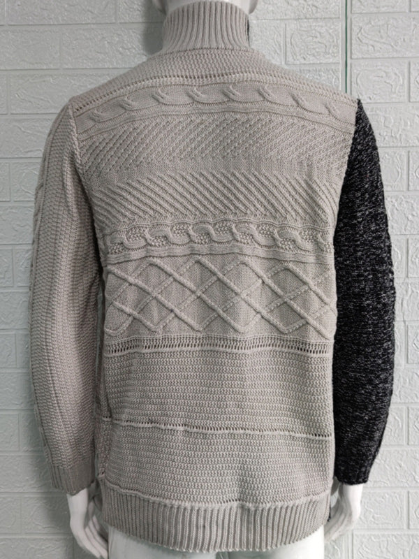 Herren-Strickjacke mit hohem Kragen, farbigem Leder, Schnalle und langen Ärmeln 
