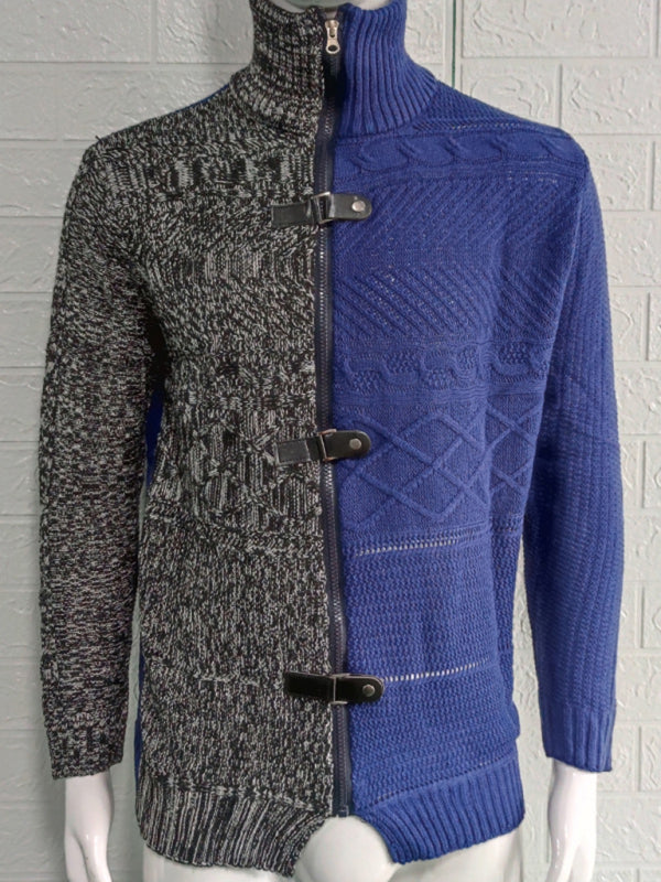 Herren-Strickjacke mit hohem Kragen, farbigem Leder, Schnalle und langen Ärmeln 