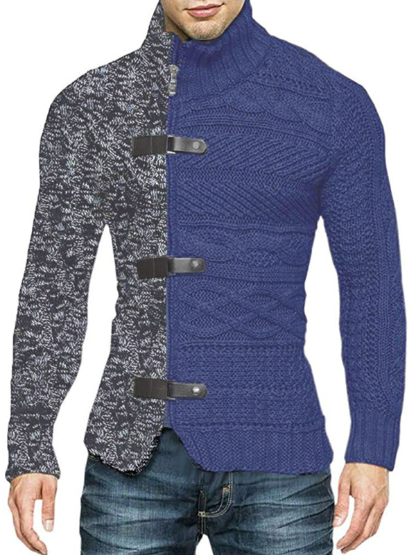 Herren-Strickjacke mit hohem Kragen, farbigem Leder, Schnalle und langen Ärmeln 