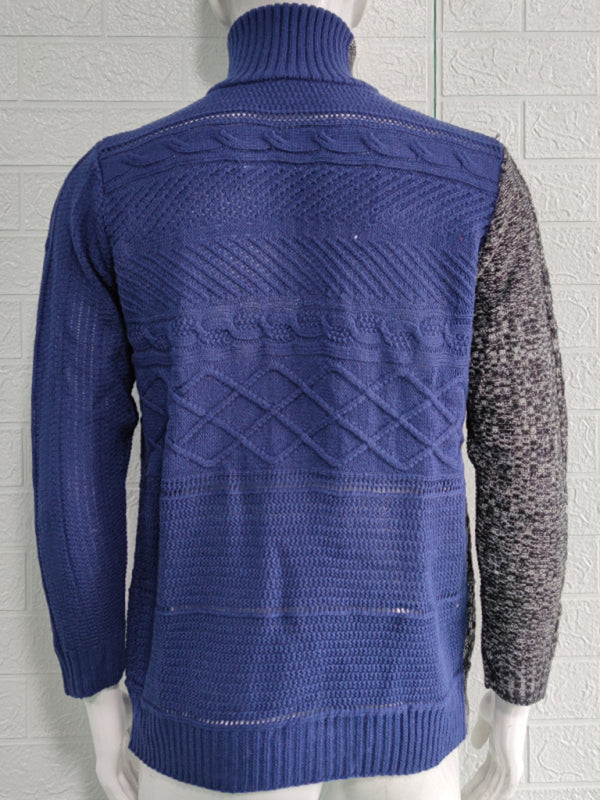 Herren-Strickjacke mit hohem Kragen, farbigem Leder, Schnalle und langen Ärmeln 