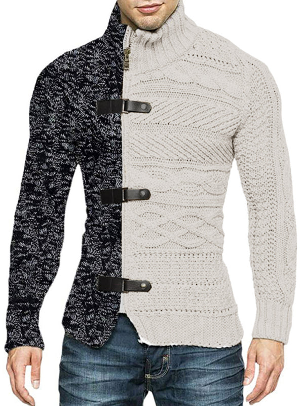 Herren-Strickjacke mit hohem Kragen, farbigem Leder, Schnalle und langen Ärmeln 