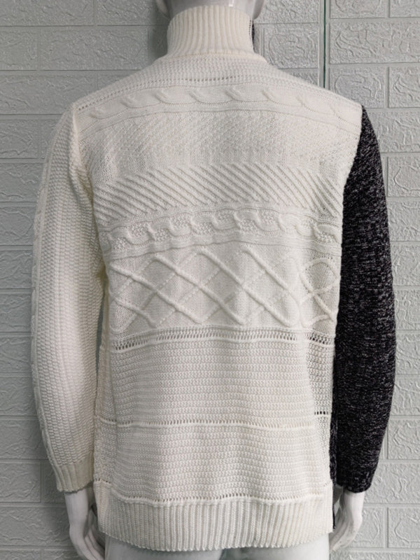 Herren-Strickjacke mit hohem Kragen, farbigem Leder, Schnalle und langen Ärmeln 
