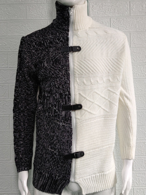 Herren-Strickjacke mit hohem Kragen, farbigem Leder, Schnalle und langen Ärmeln 