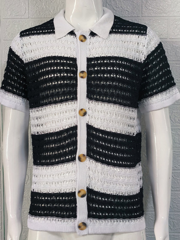 Men's new lapel short-sleeved color-blocked cardigan