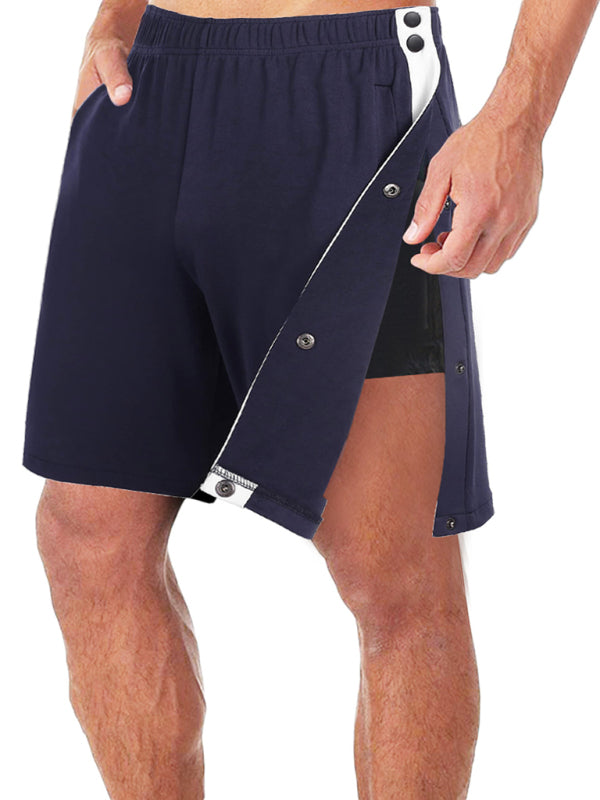 Short de sport décontracté et tendance pour homme, coupe ample, avec boutons sur toute la longueur des côtés 