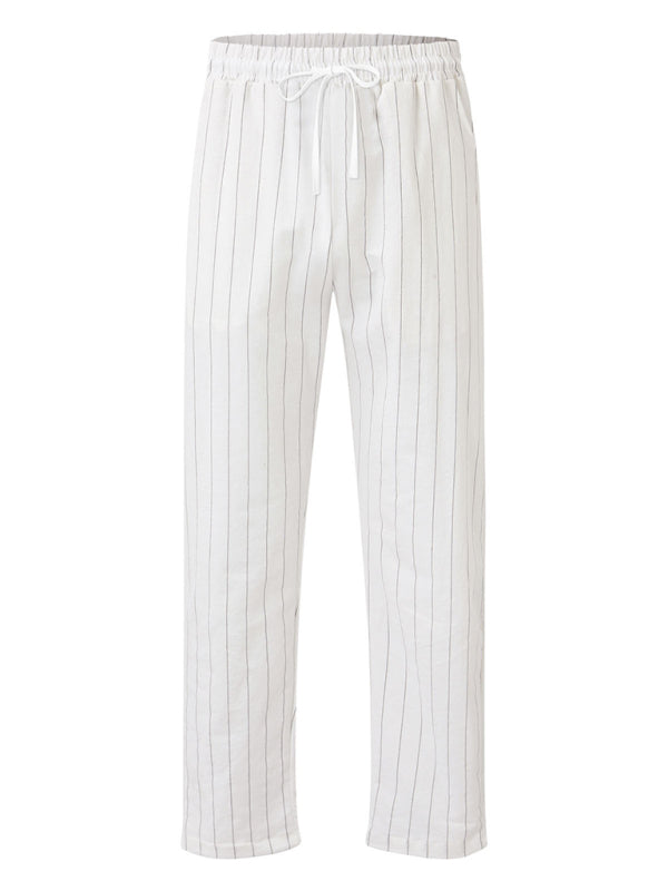 Men's vertical striped lace-up elastic waist beach pants casual trousers