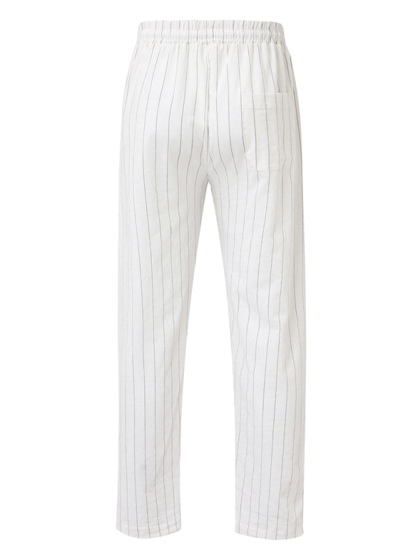 Men's vertical striped lace-up elastic waist beach pants casual trousers