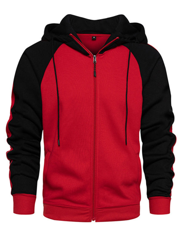 Men's casual contrasting color zipper cardigan hooded sweatshirt