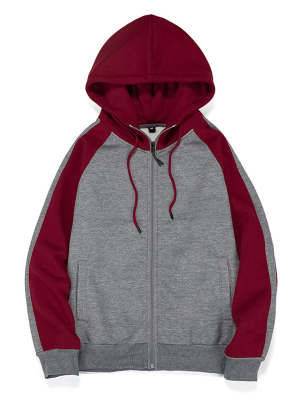 Men's casual contrasting color zipper cardigan hooded sweatshirt