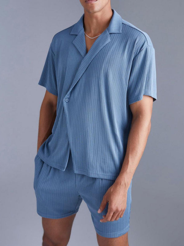 Fashionable and casual solid color dark blue short-sleeved shirt and shorts two-piece men's suit