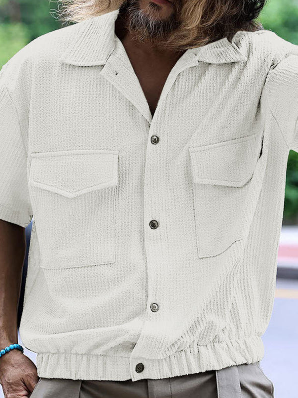 Men's new cardigan front pocket casual short-sleeved shirt