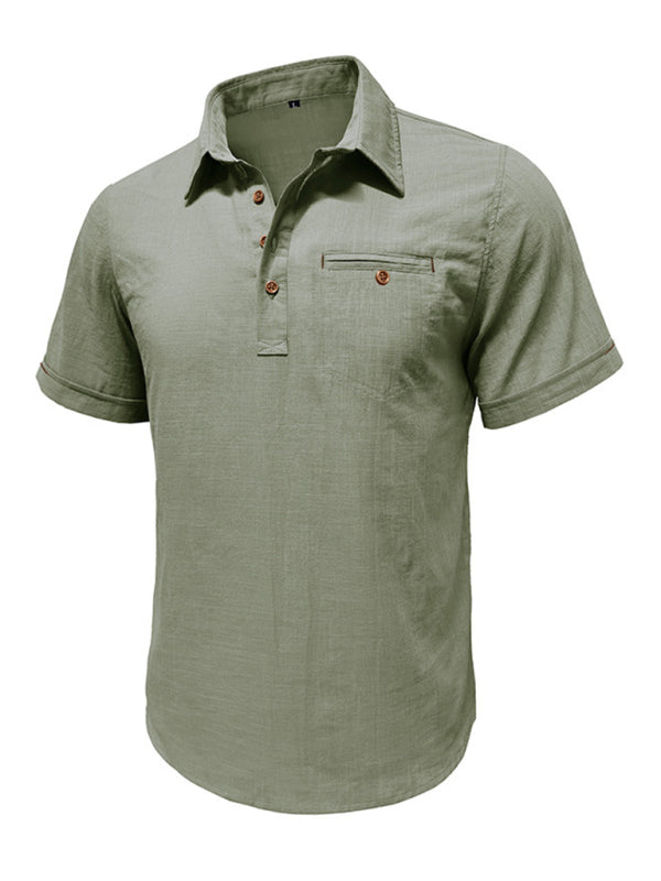 Men's casual solid color lapel short-sleeved tops