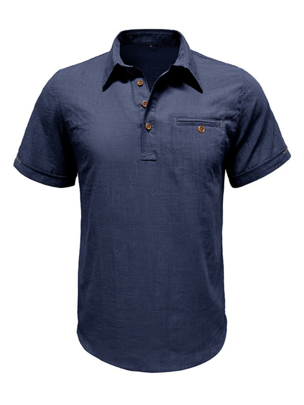 Men's casual solid color lapel short-sleeved tops