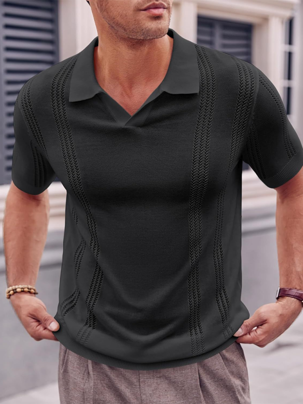 Polo homme en maille, manches courtes, col V, coupe ample, couleur unie 