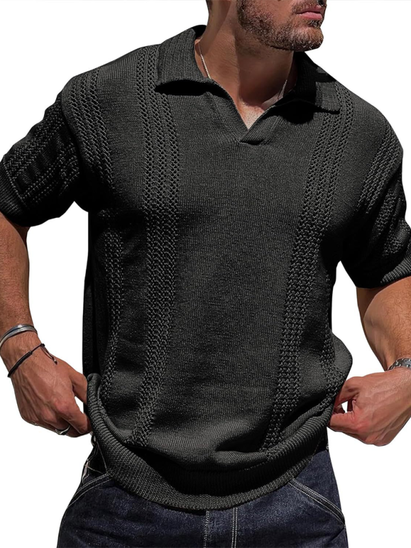 Polo homme en maille, manches courtes, col V, coupe ample, couleur unie 