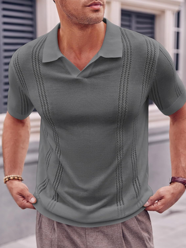 Polo homme en maille, manches courtes, col V, coupe ample, couleur unie 