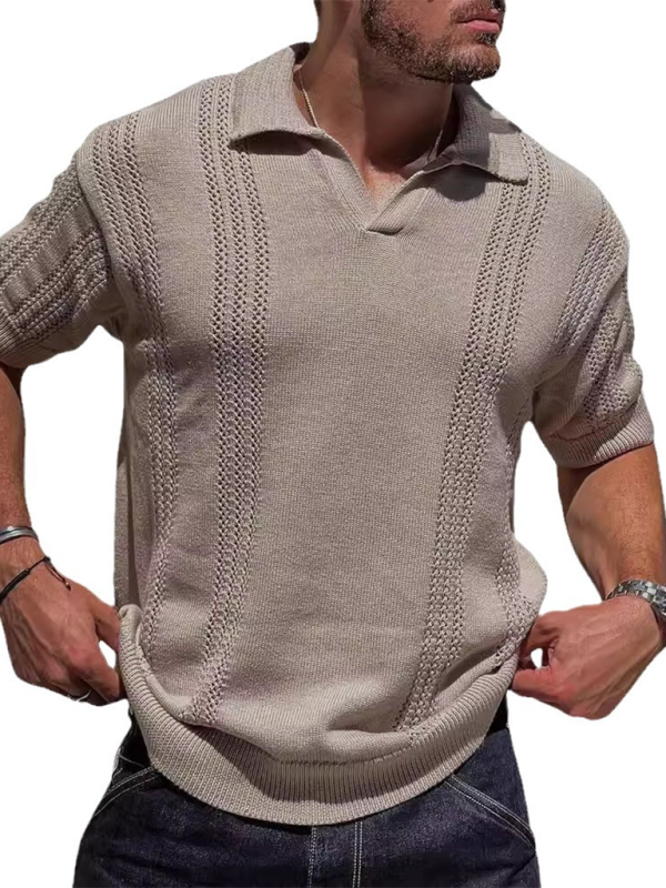 Polo homme en maille, manches courtes, col V, coupe ample, couleur unie 