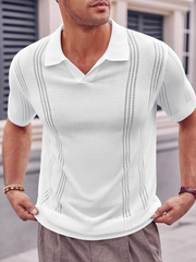 Polo homme en maille, manches courtes, col V, coupe ample, couleur unie 
