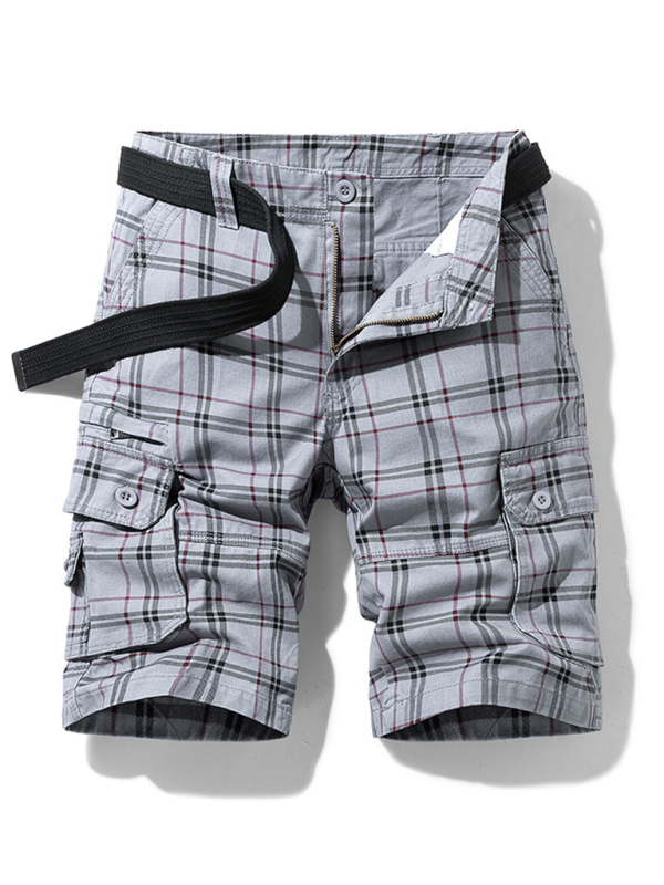Herren-Shorts, lässige Sportshorts, schlichtes Karomuster, schmal geschnittene, mittellange Hose mit mehreren Taschen 