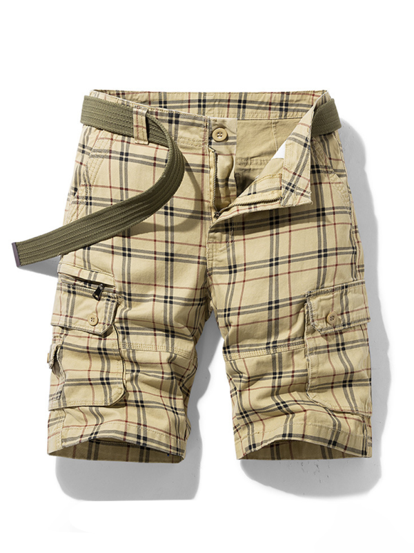 Herren-Shorts, lässige Sportshorts, schlichtes Karomuster, schmal geschnittene, mittellange Hose mit mehreren Taschen 