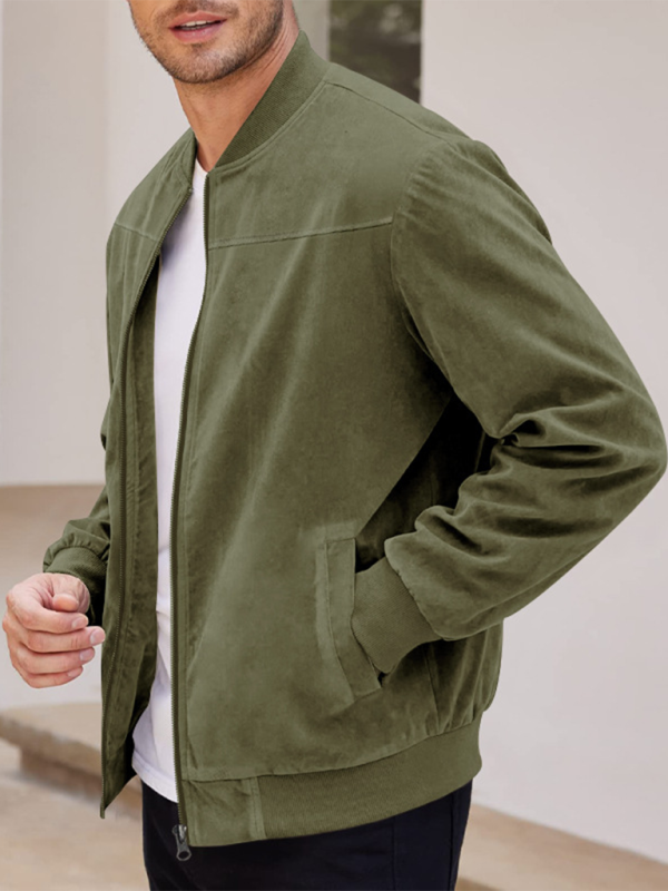 Suede Solid Color Men's Zipper Jacket Casual Retro Long Sleeve Cardigan Coat – lifestyle view