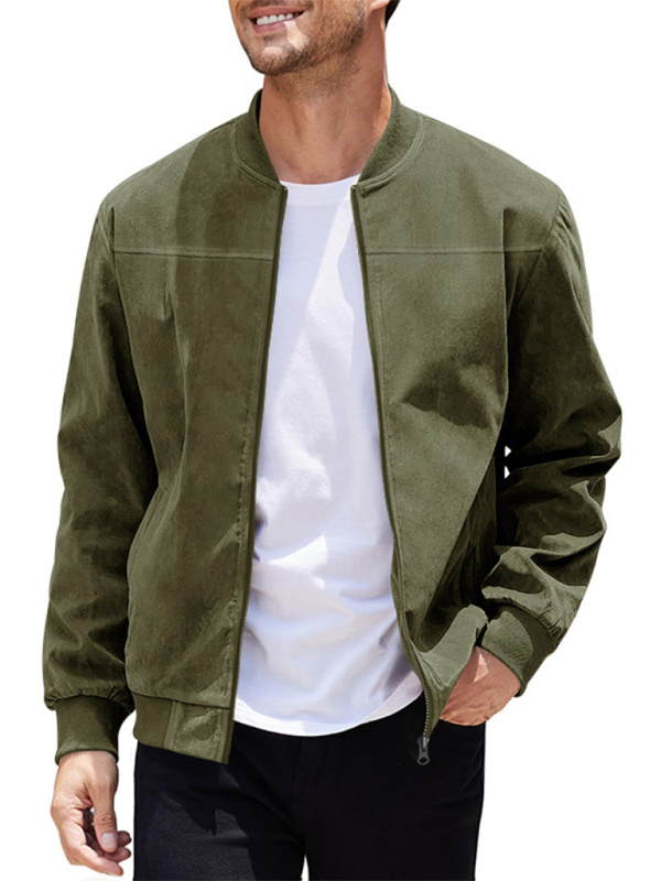Suede Solid Color Men's Zipper Jacket Casual Retro Long Sleeve Cardigan Coat – detail view