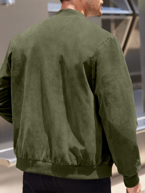 Suede Solid Color Men's Zipper Jacket Casual Retro Long Sleeve Cardigan Coat – closeup view