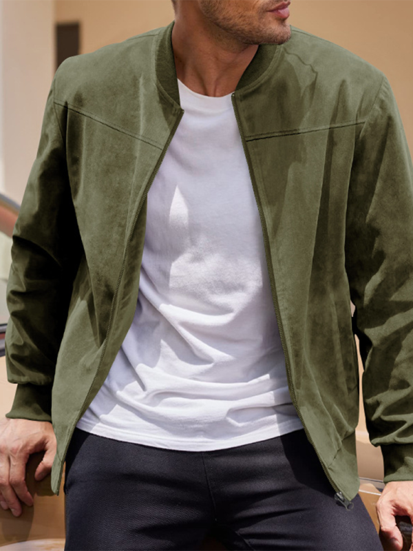 Suede Solid Color Men's Zipper Jacket Casual Retro Long Sleeve Cardigan Coat – detail view