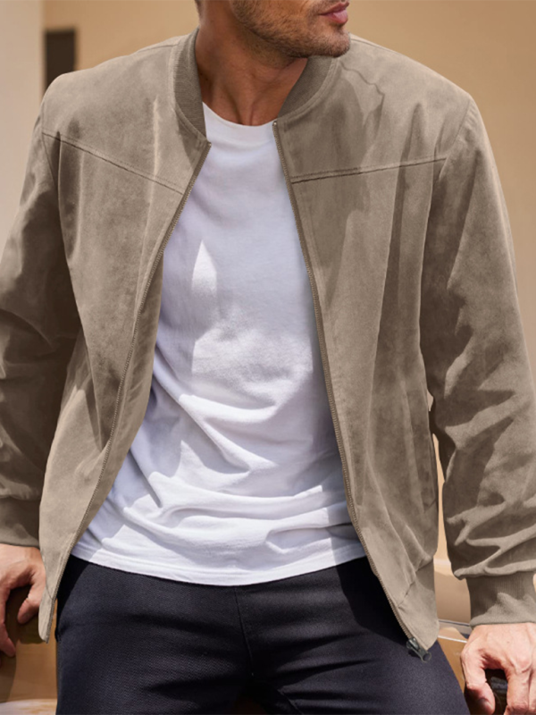 Men's Beige Suede Bomber Jacket - Front View