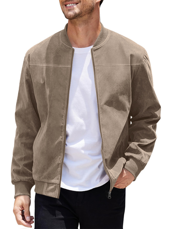 Men's Beige Suede Bomber Jacket - Olive Variant