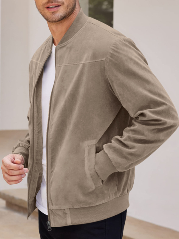 Men's Beige Suede Bomber Jacket - Side View