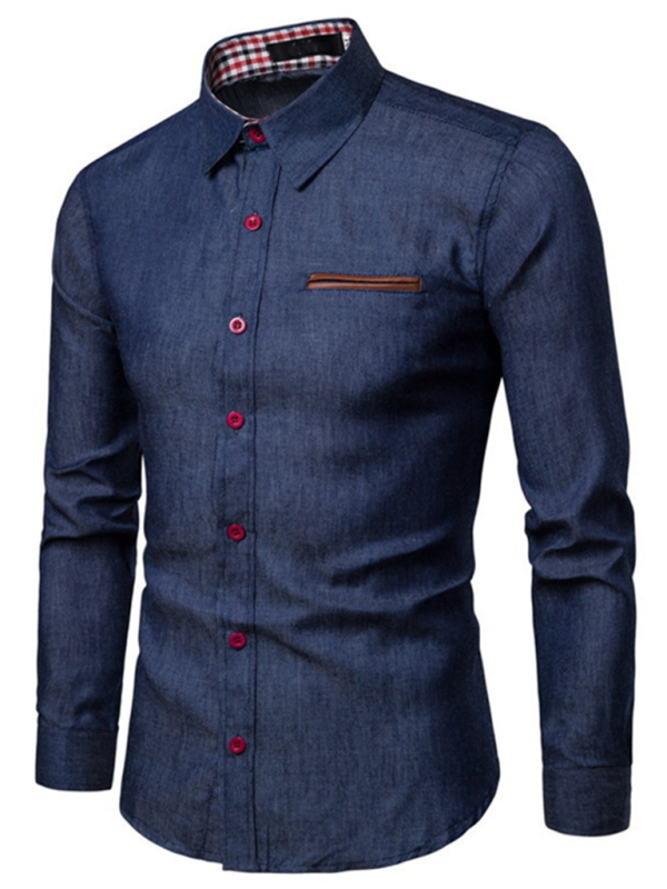 Men's Casual Shirt Pocket Patchwork Leather Long Sleeve Shirt – front view