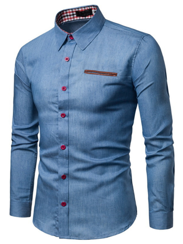 Men's Casual Shirt Pocket Patchwork Leather Long Sleeve Shirt – close-up