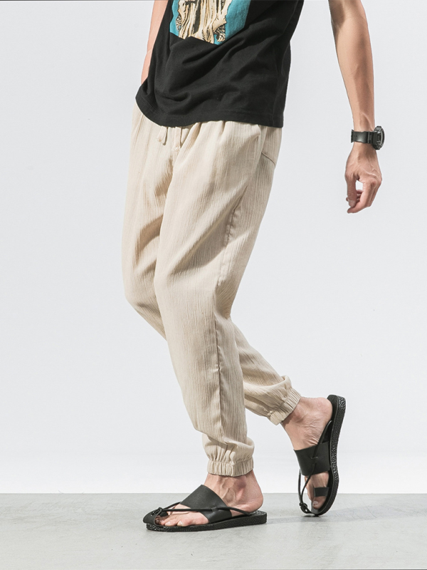 Pantalon en lin pour homme, pantalon Haren tendance, pantalon à cordon 