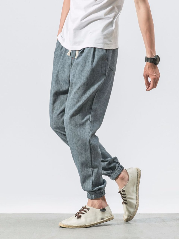 Pantalon en lin pour homme, pantalon Haren tendance, pantalon à cordon 