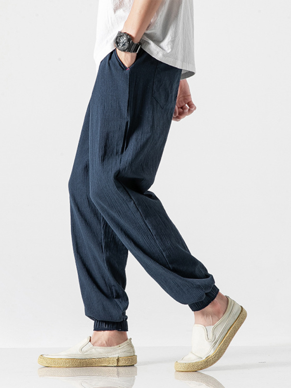 Pantalon en lin pour homme, pantalon Haren tendance, pantalon à cordon 