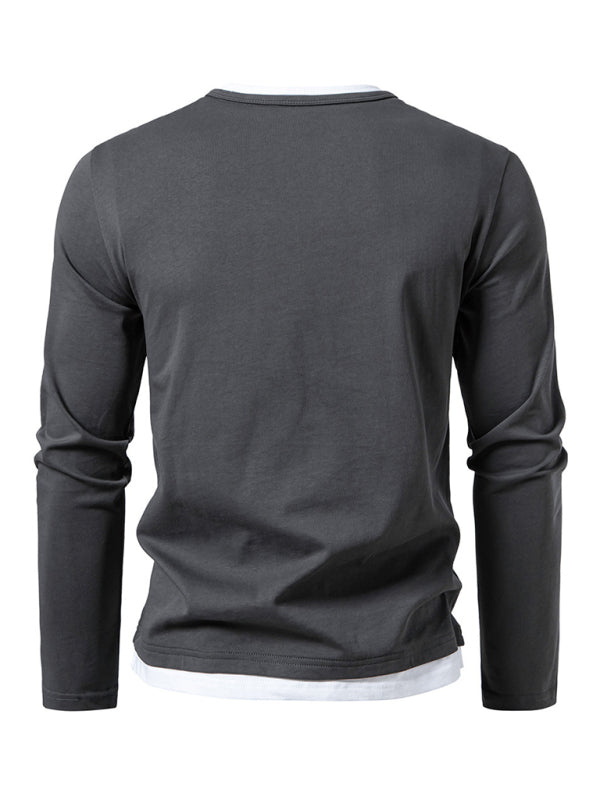 T-shirt homme, faux deux-pièces, double épaisseur, col en V, coutures apparentes, t-shirt homme à manches longues 
