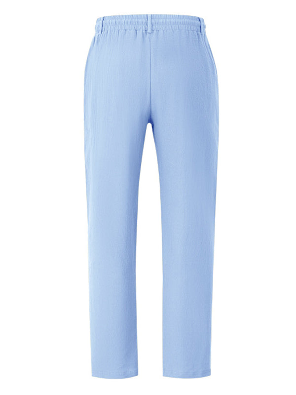 Pantalon décontracté ample en lin bleu clair respirant pour homme 