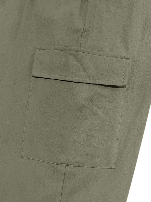 Pantalon de sport décontracté en lin pour homme, avec revers et poches multiples, idéal pour les activités de plein air. 