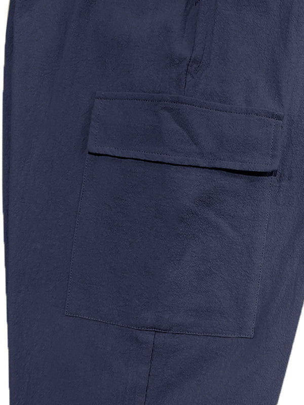 Pantalon de sport décontracté en lin pour homme, avec revers et poches multiples, idéal pour les activités de plein air. 