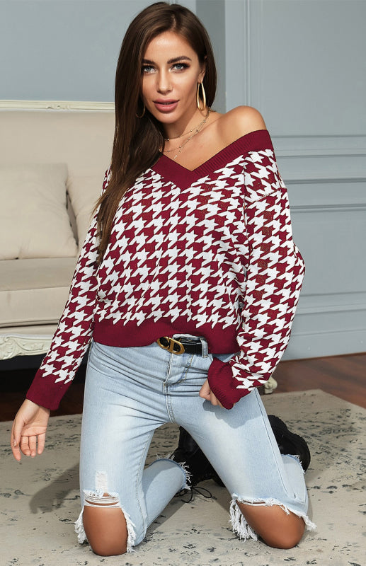 Women's Fashion Trend Houndstooth Sweater - Closther