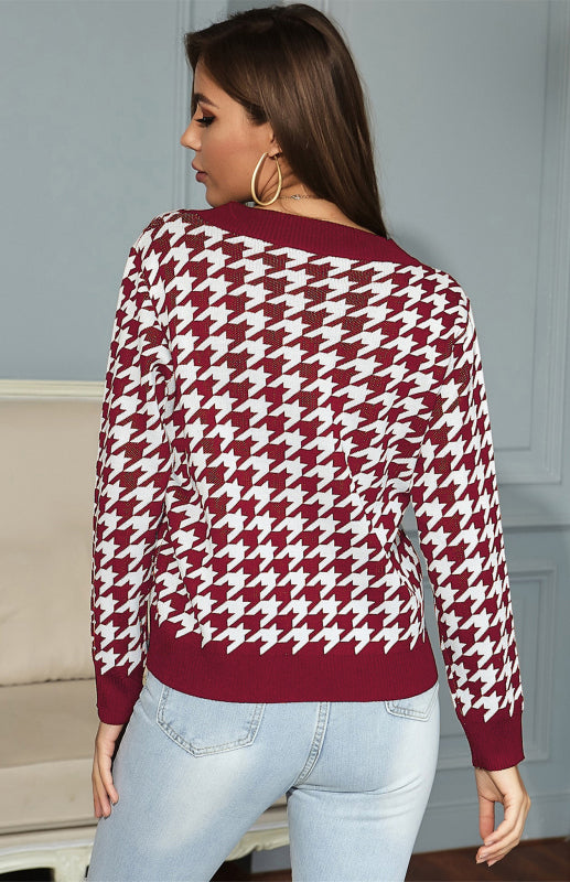 Women's Fashion Trend Houndstooth Sweater - Closther