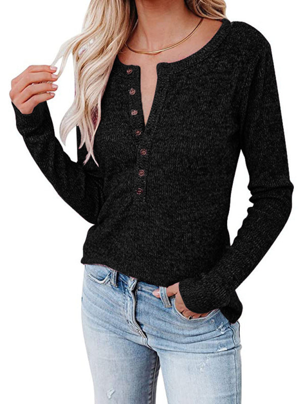 Langärmlige Henley-Shirts für Damen mit V-Ausschnitt 