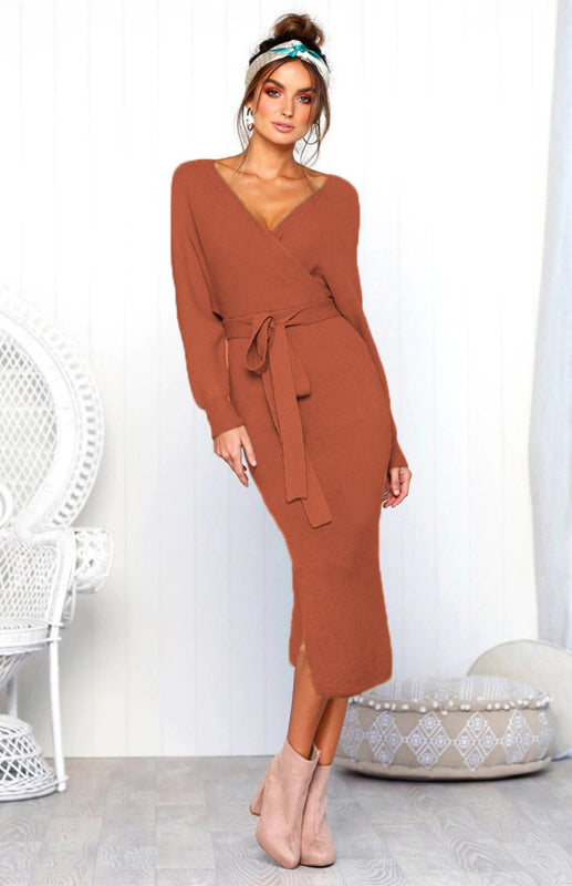 Robe sexy à manches longues et col en V pour femme 