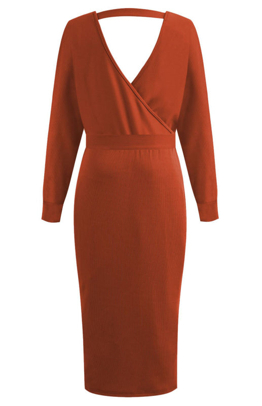 Robe sexy à manches longues et col en V pour femme 