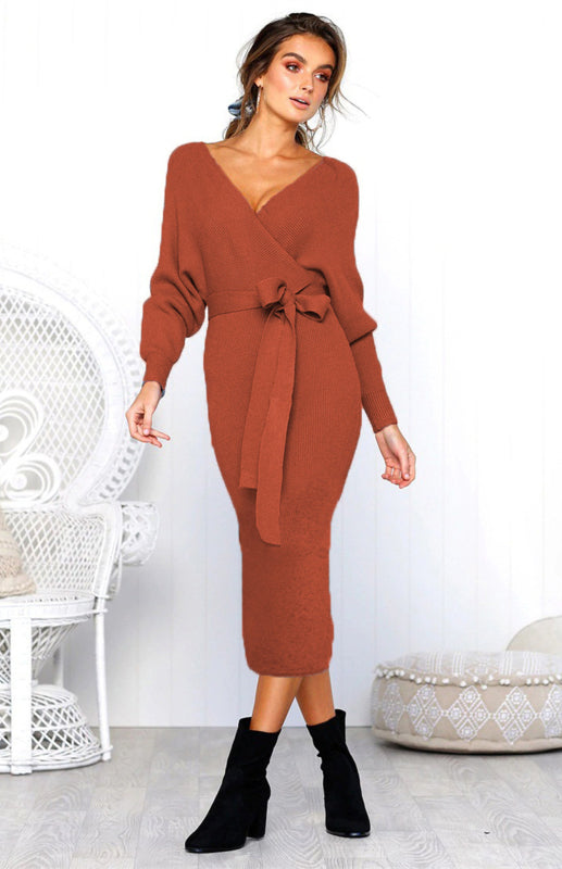 Robe sexy à manches longues et col en V pour femme 