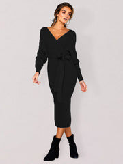 Robe sexy à manches longues et col en V pour femme 