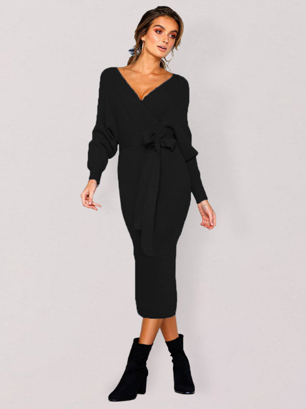 Robe sexy à manches longues et col en V pour femme 
