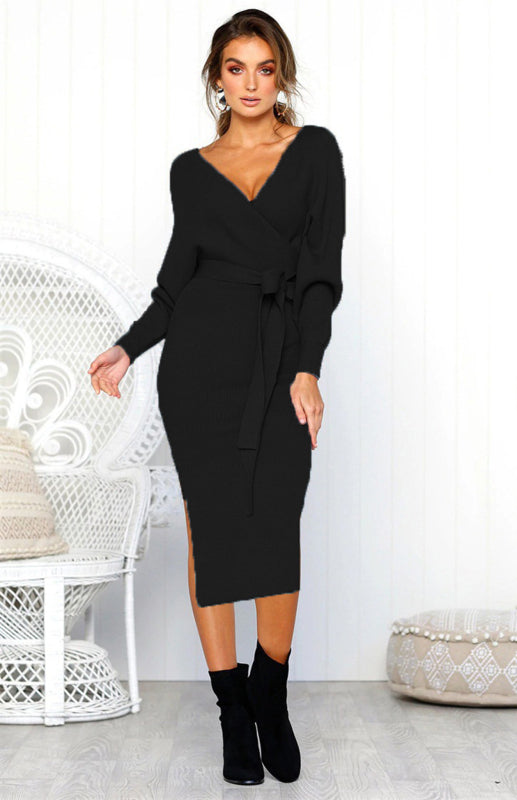 Robe sexy à manches longues et col en V pour femme 