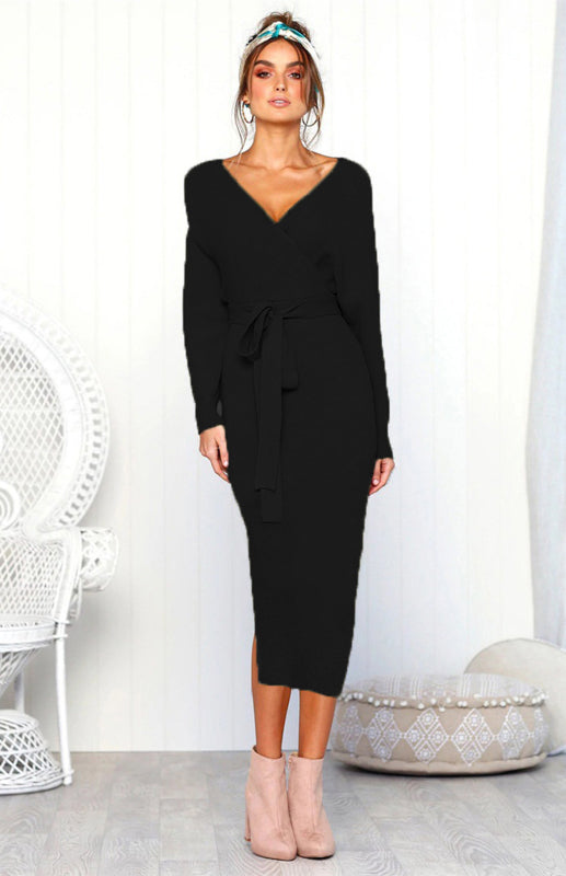 Robe sexy à manches longues et col en V pour femme 
